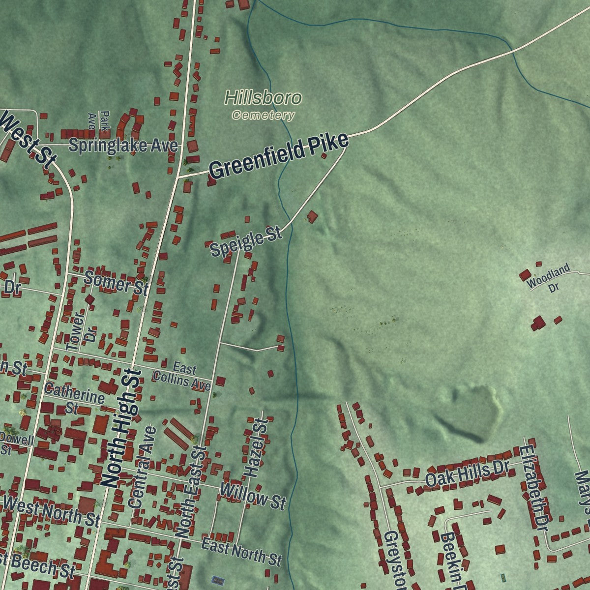 Second close-up of the map of Hillsboro, Ohio print showing more streets and buildings