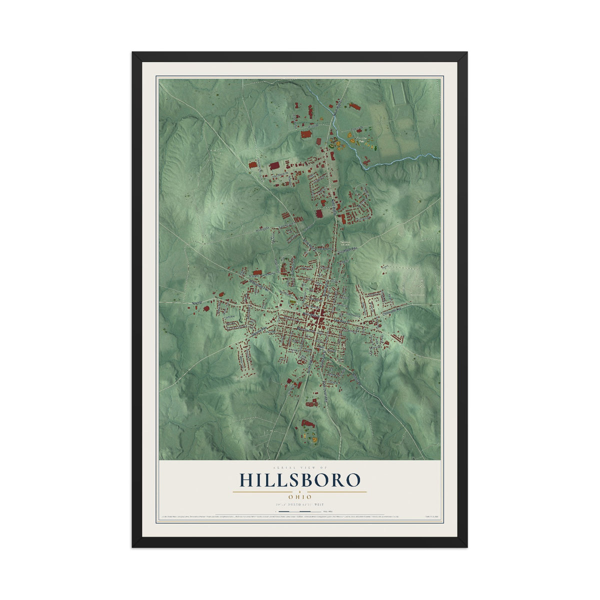 Map of Hillsboro, Ohio, 12 x 18 inch print in a black wood frame