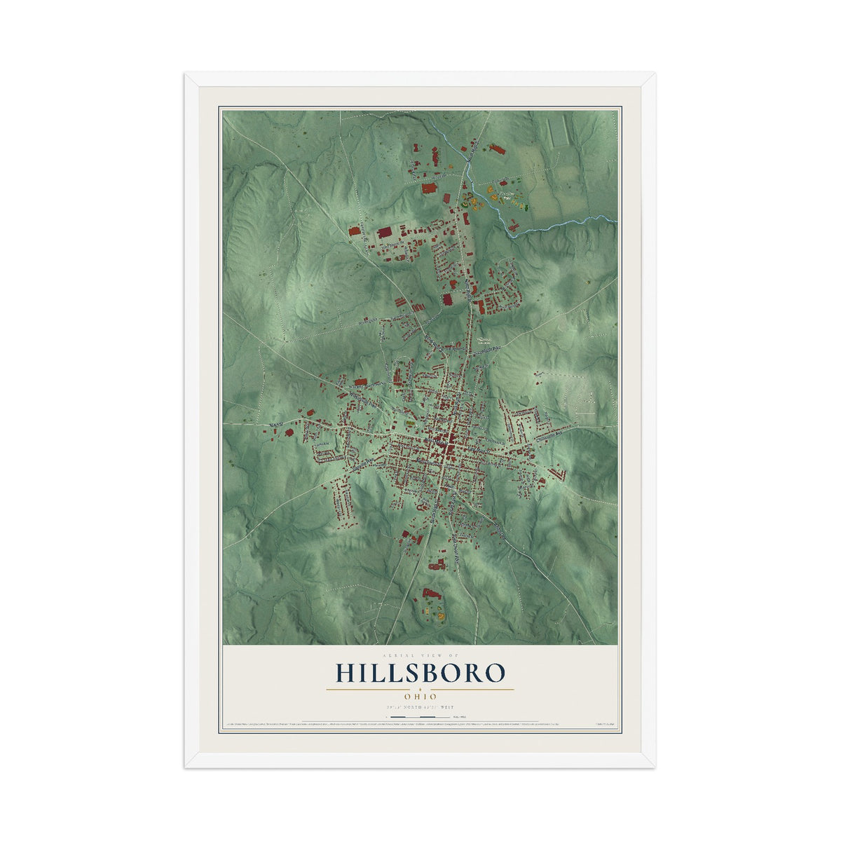 Map of Hillsboro, Ohio, 12 x 18 inch print in a white wood frame