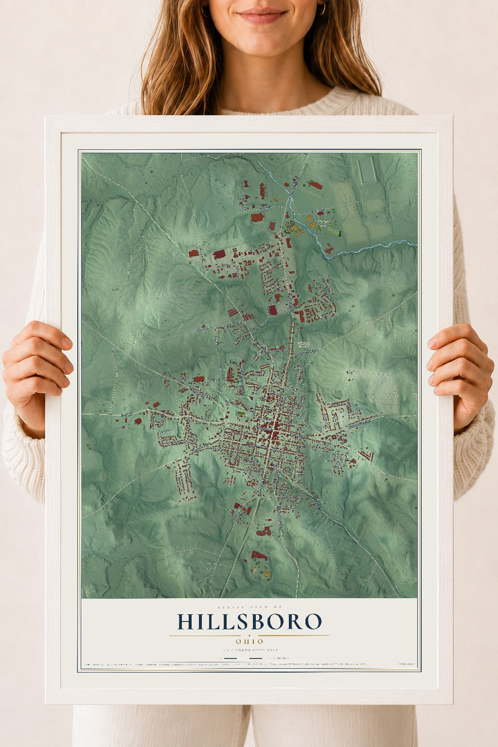 Map of Hillsboro, Ohio, 18 x 24 inch print in a white wood frame