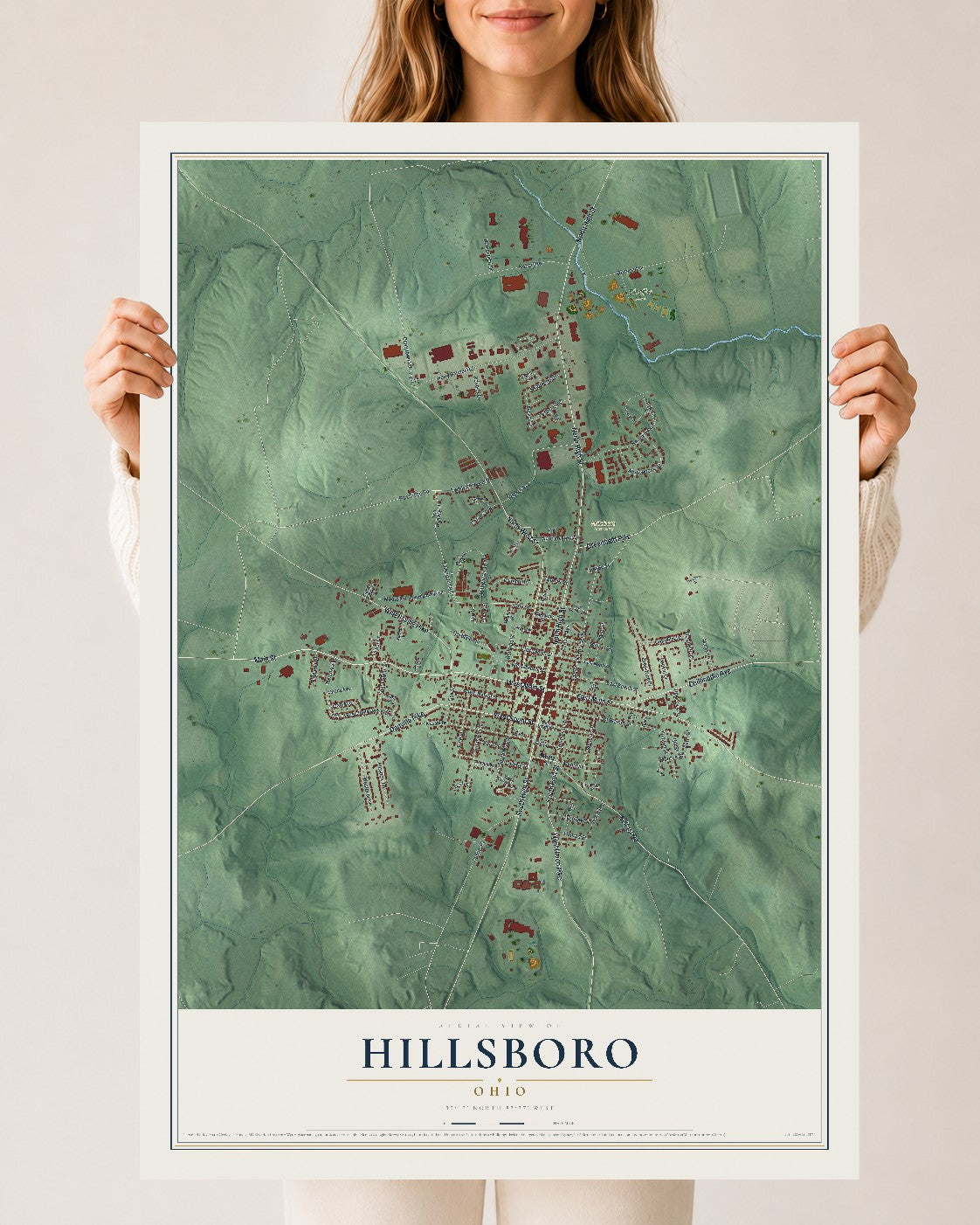 Map of Hillsboro, Ohio, 24 x 36 inch unframed archival matte print