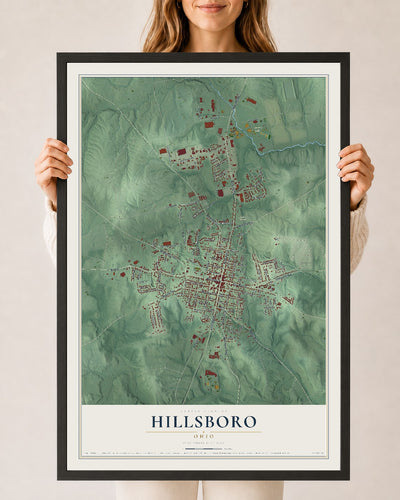 Map of Hillsboro, Ohio, 24 x 36 inch print in a black wood frame
