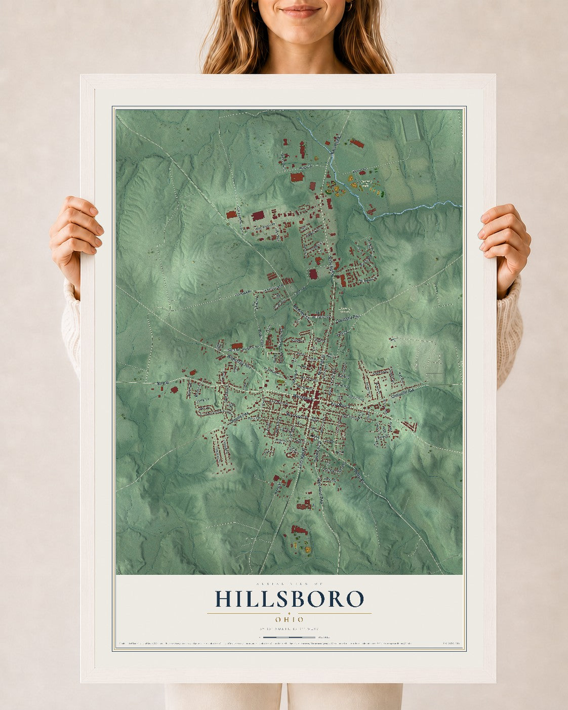 Map of Hillsboro, Ohio, 24 x 36 inch print in a white wood frame