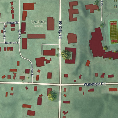 Close-up of the map of Hiram, Ohio print showing street and building detail