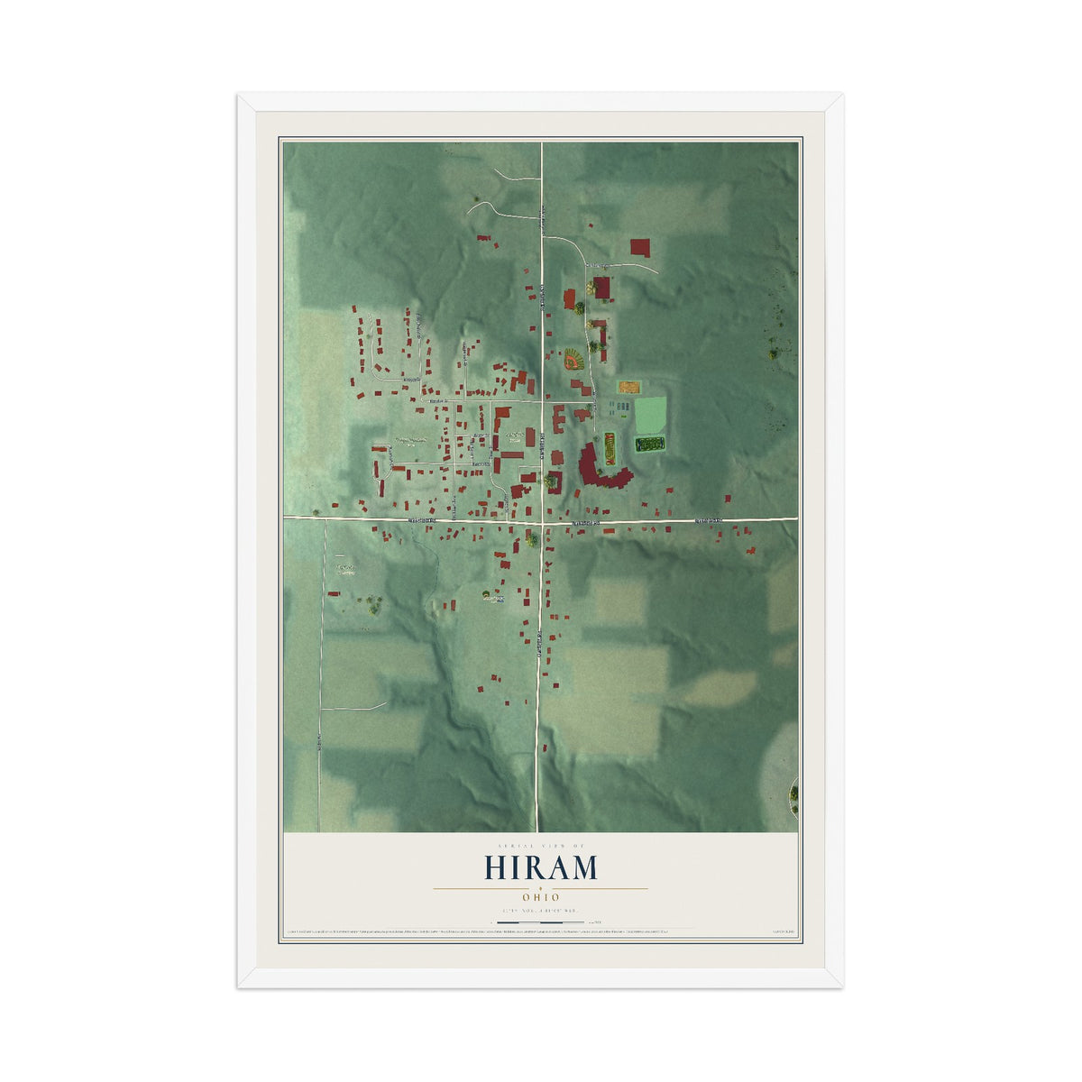 Map of Hiram, Ohio, 12 x 18 inch print in a white wood frame