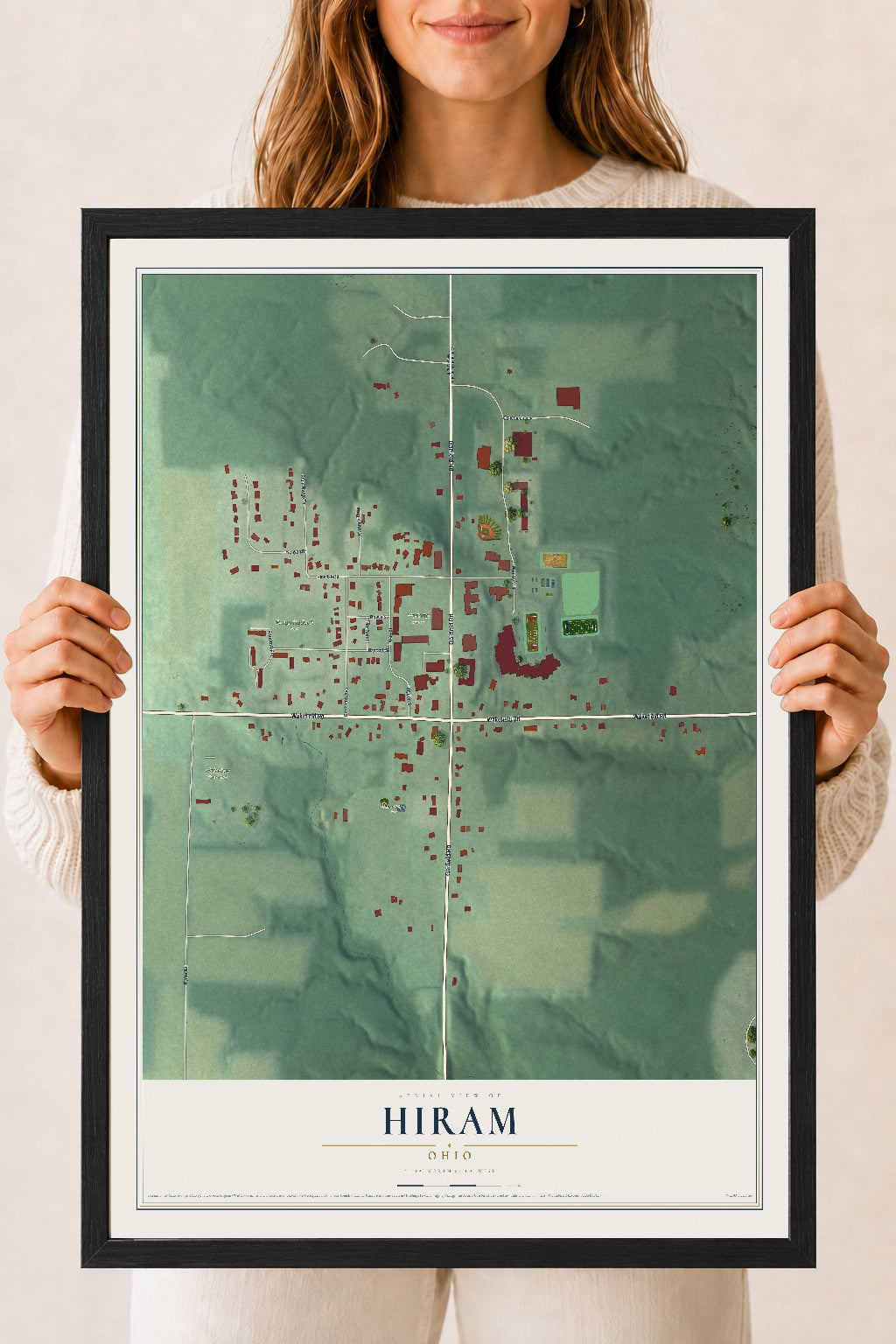 Map of Hiram, Ohio, 18 x 24 inch print in a black wood frame