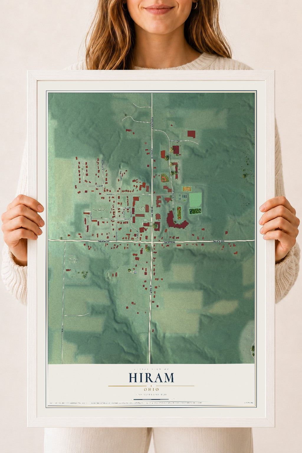 Map of Hiram, Ohio, 18 x 24 inch print in a white wood frame