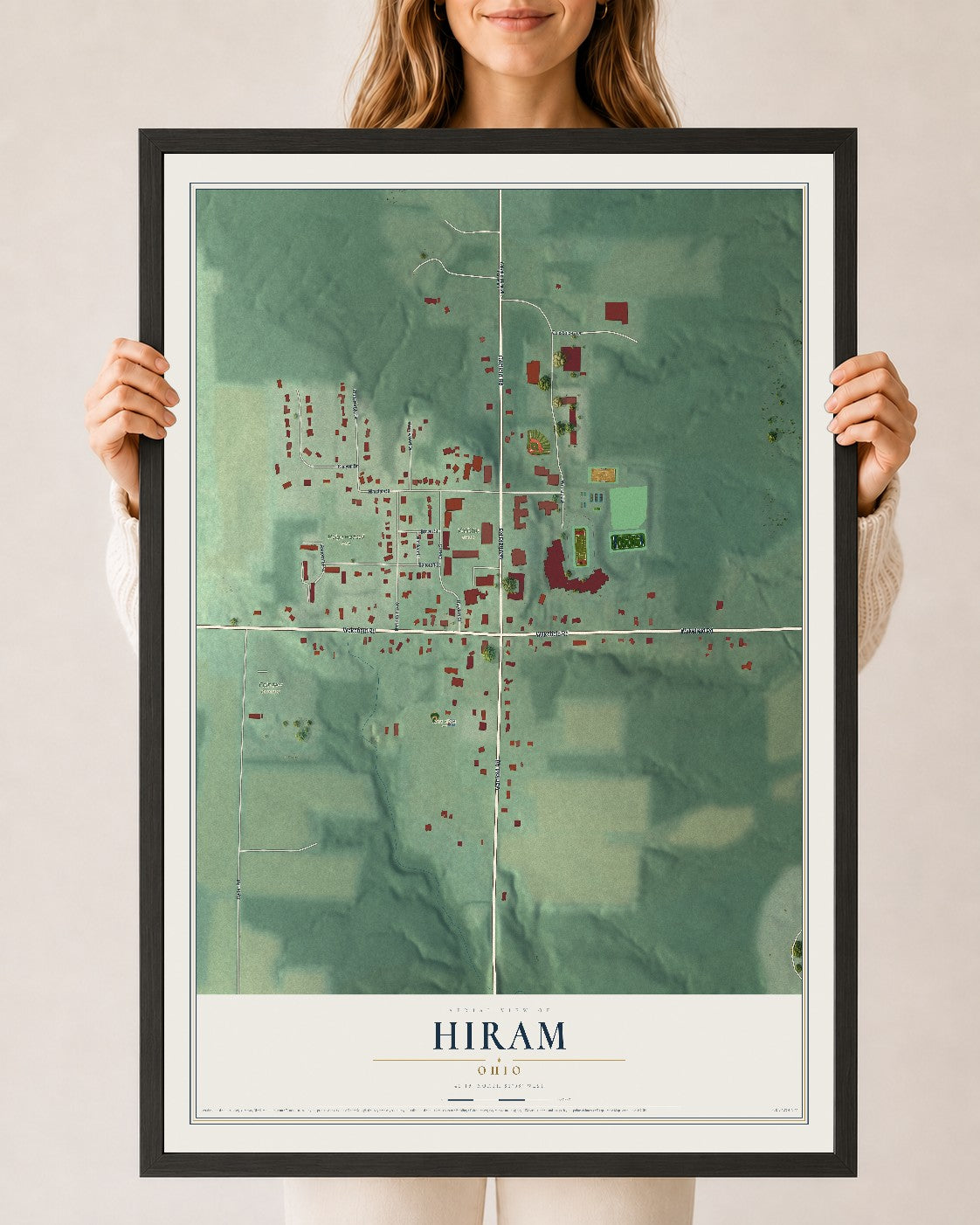 Map of Hiram, Ohio, 24 x 36 inch print in a black wood frame