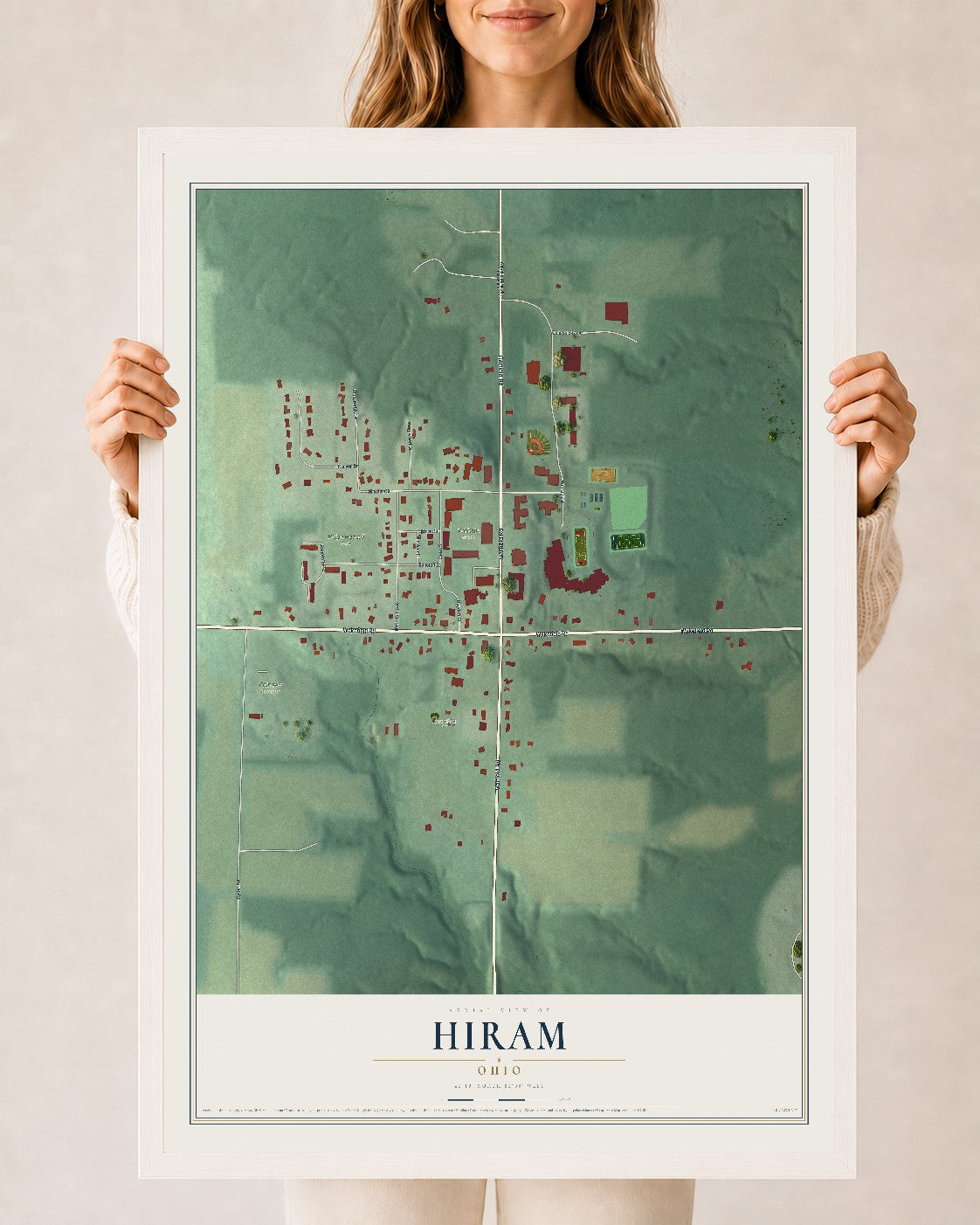 Map of Hiram, Ohio, 24 x 36 inch print in a white wood frame