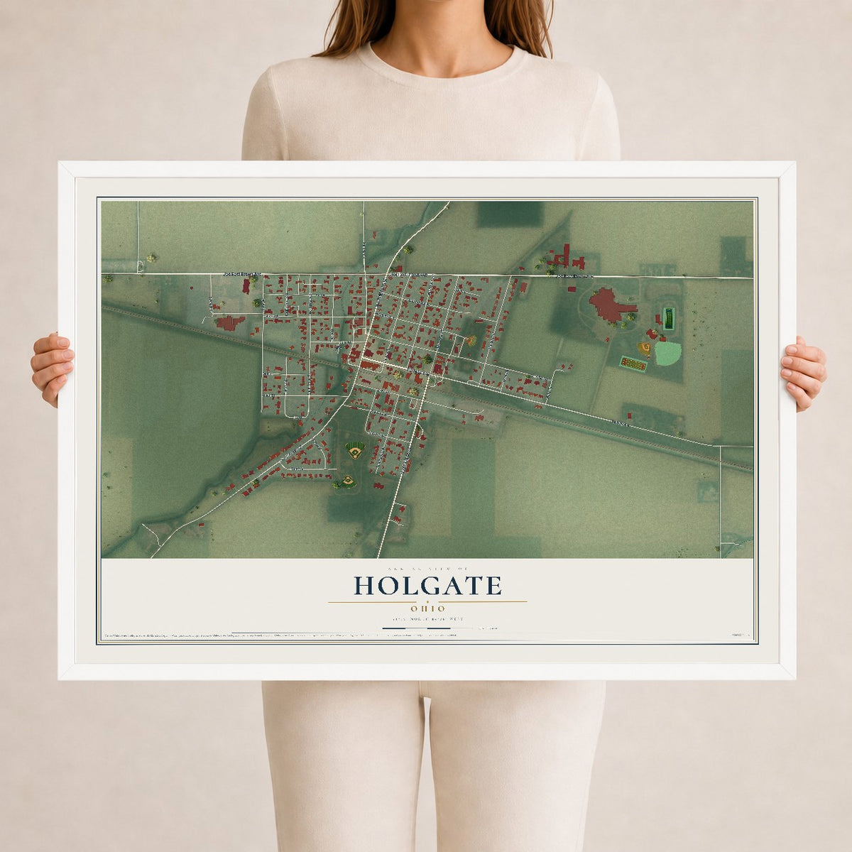 Map of Holgate, Ohio, 24 x 36 inch print in a white wood frame