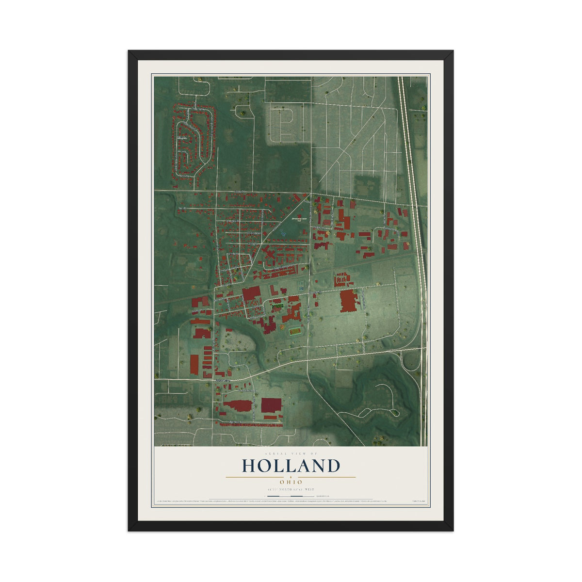 Map of Holland, Ohio, 12 x 18 inch print in a black wood frame