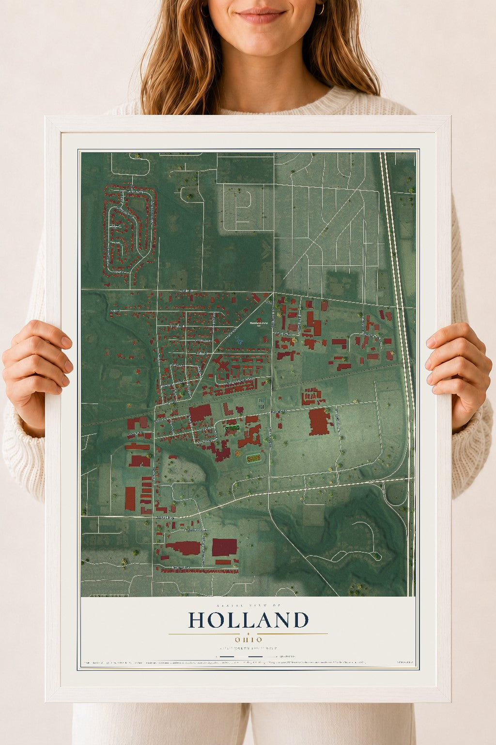 Map of Holland, Ohio, 18 x 24 inch print in a white wood frame