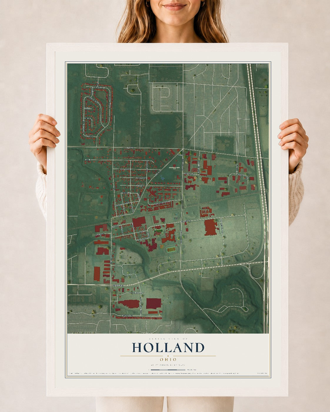 Map of Holland, Ohio, 24 x 36 inch print in a white wood frame
