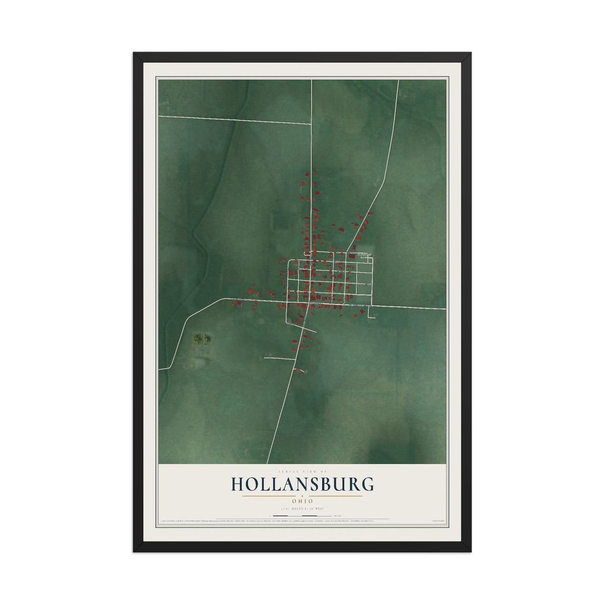Map of Hollansburg, Ohio, 12 x 18 inch print in a black wood frame