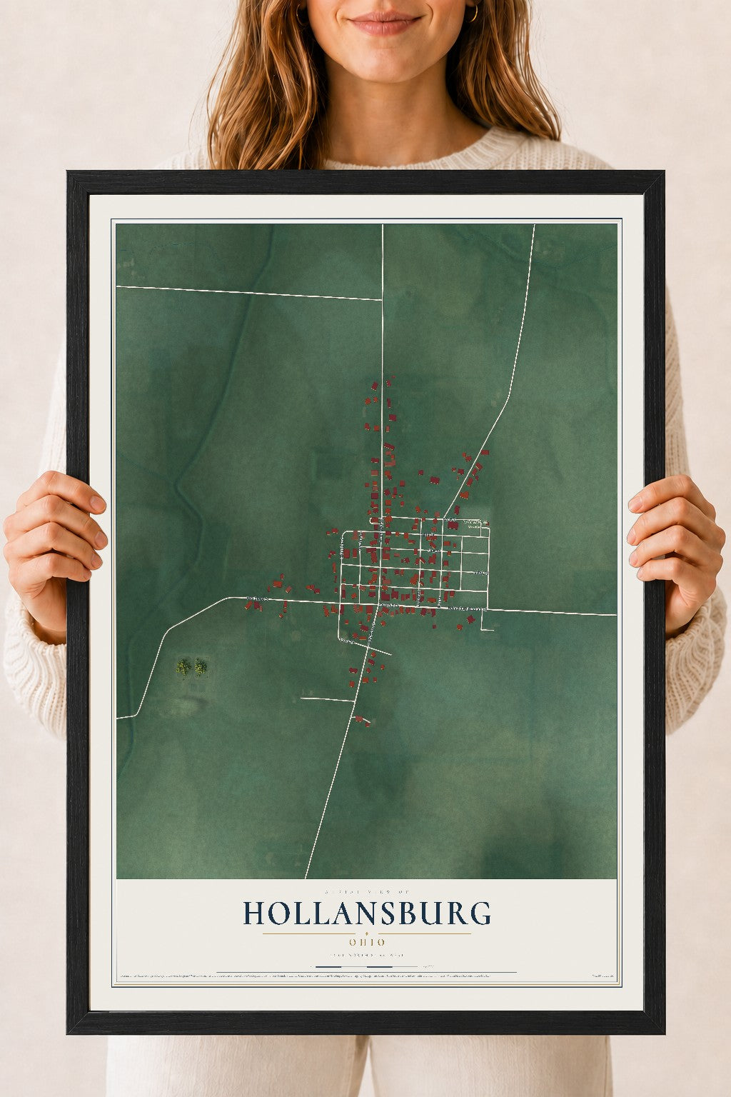 Map of Hollansburg, Ohio, 18 x 24 inch print in a black wood frame