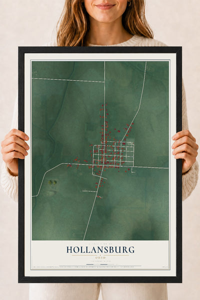 Map of Hollansburg, Ohio, 18 x 24 inch print in a black wood frame