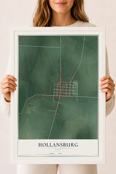 Map of Hollansburg, Ohio, 18 x 24 inch print in a white wood frame