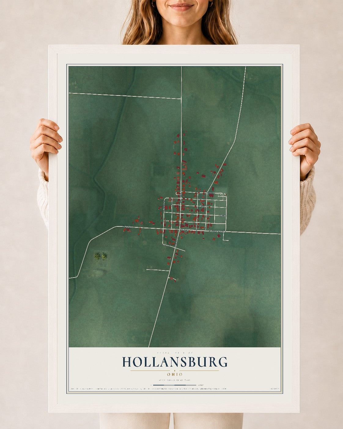 Map of Hollansburg, Ohio, 24 x 36 inch print in a white wood frame
