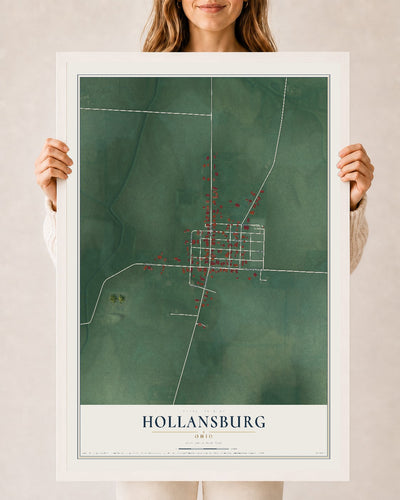 Map of Hollansburg, Ohio, 24 x 36 inch print in a white wood frame