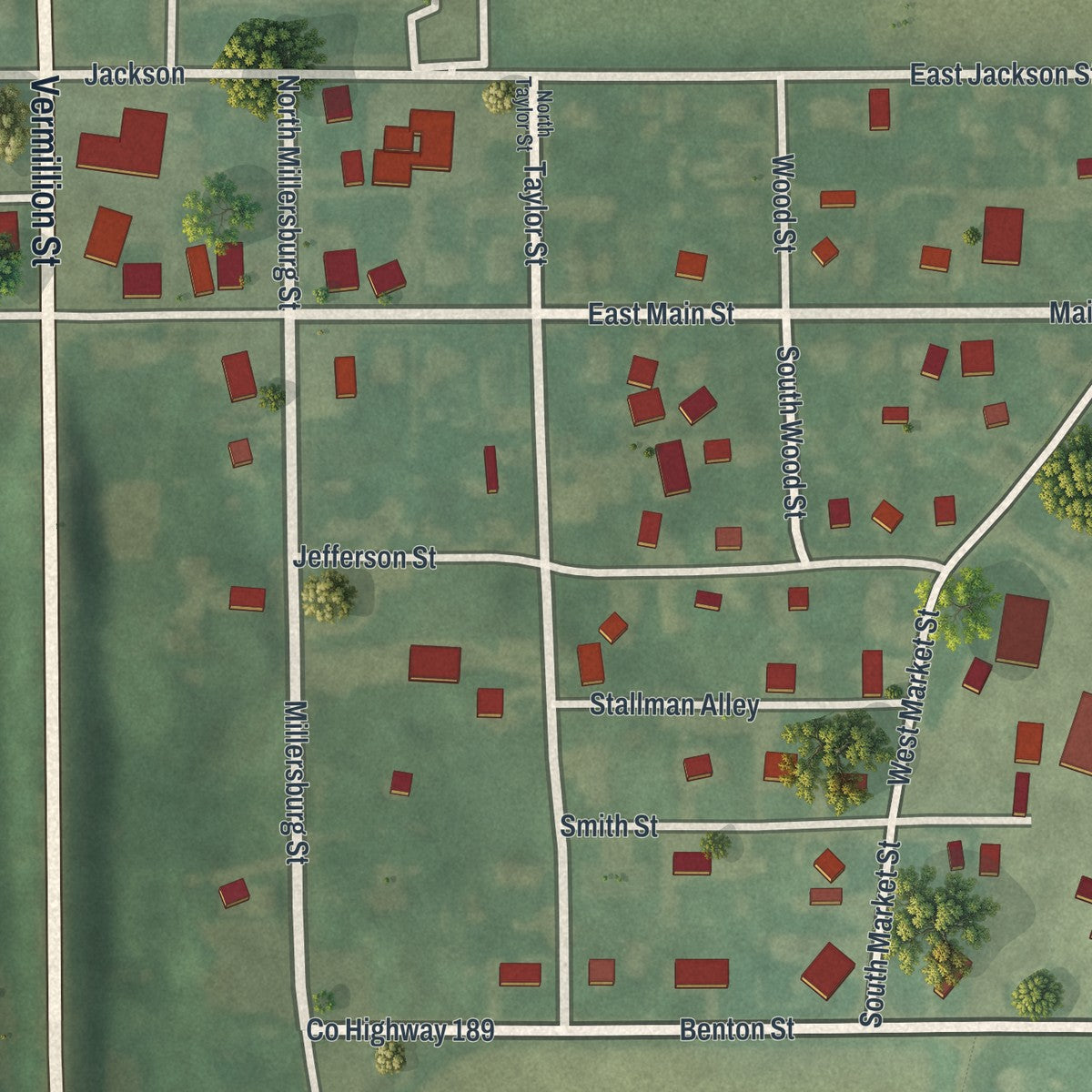Close-up of the map of Holmesville, Ohio print showing street and building detail