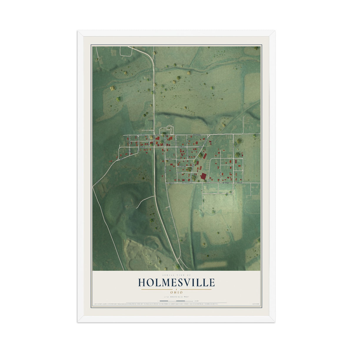 Map of Holmesville, Ohio, 12 x 18 inch print in a white wood frame