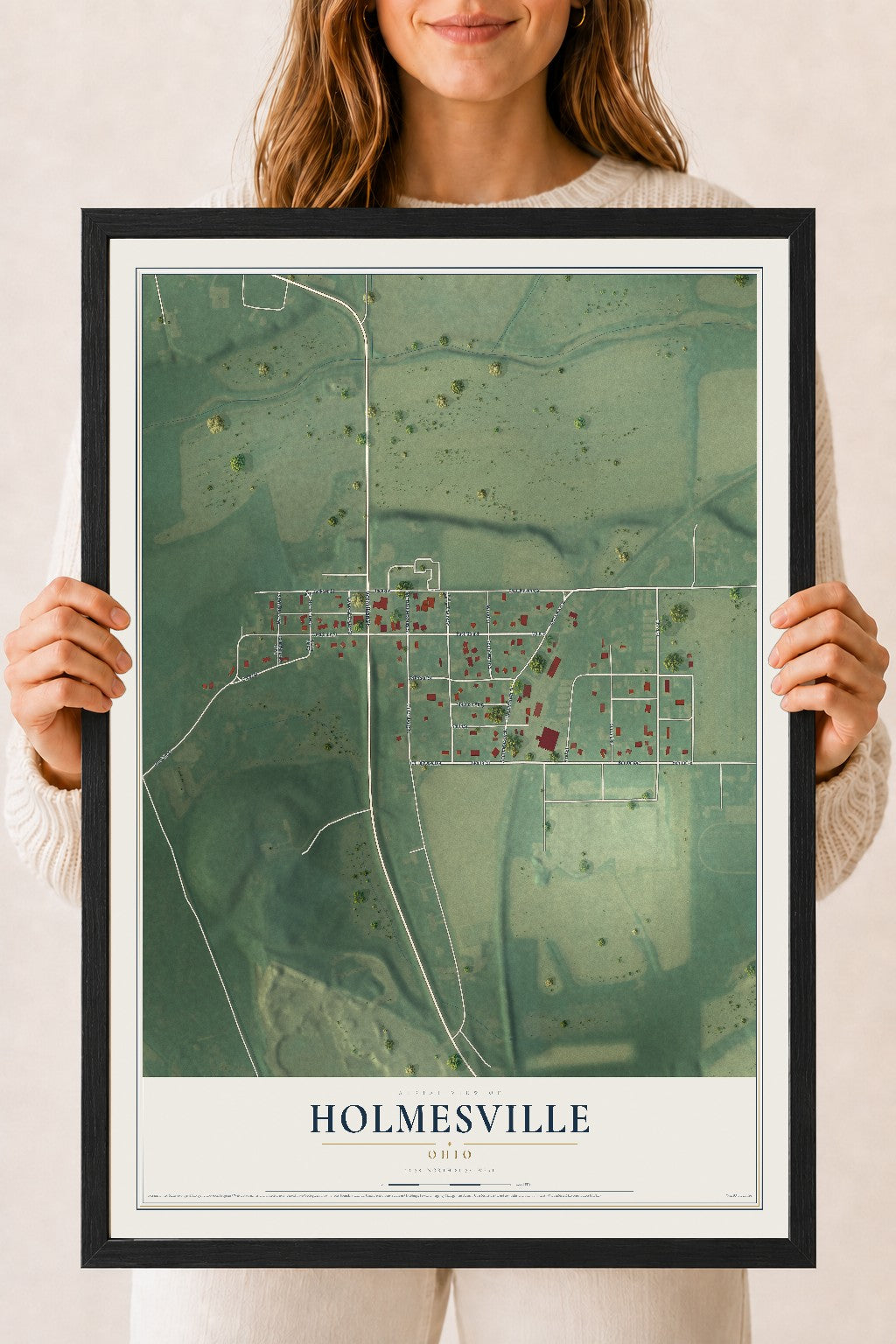 Map of Holmesville, Ohio, 18 x 24 inch print in a black wood frame