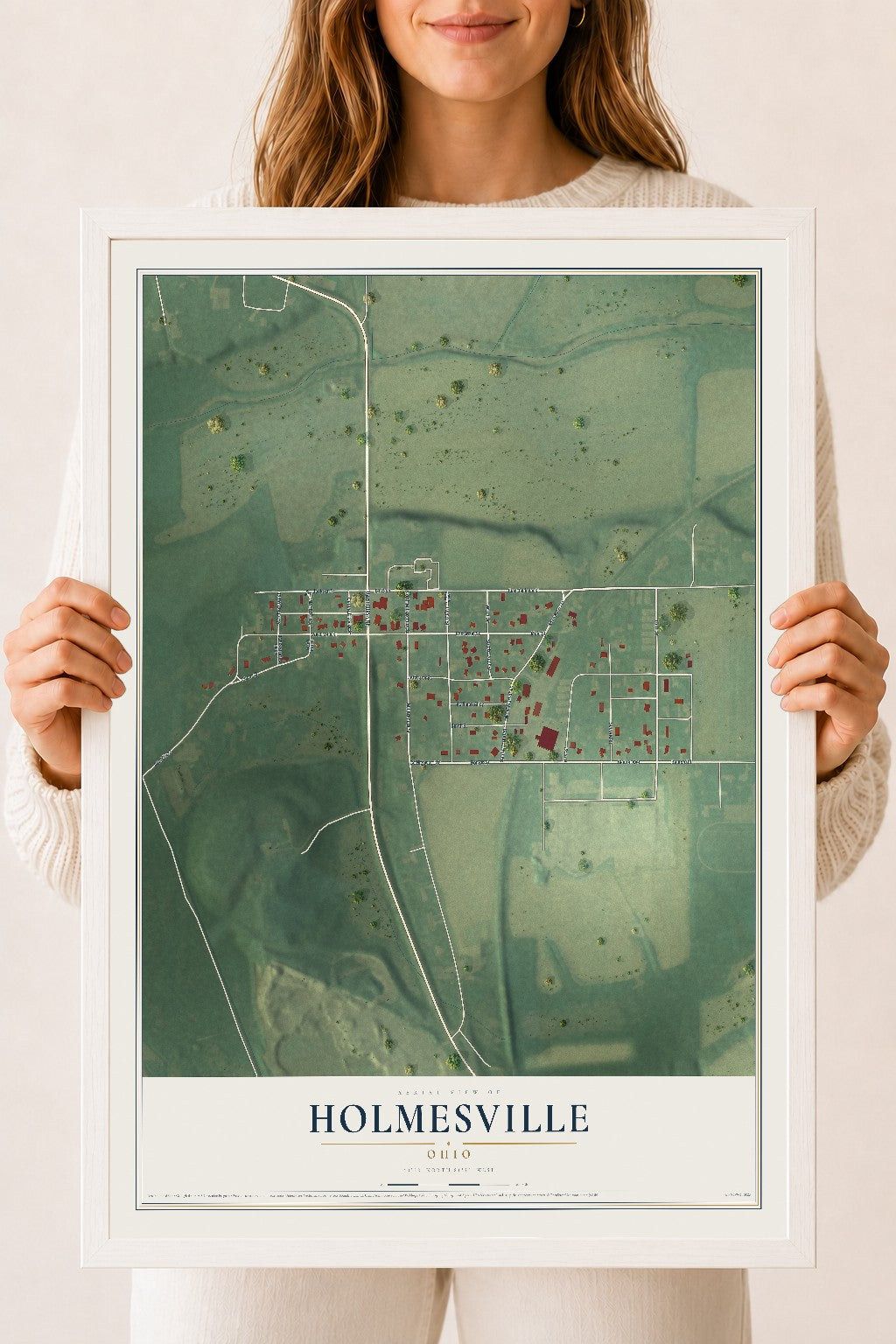 Map of Holmesville, Ohio, 18 x 24 inch print in a white wood frame