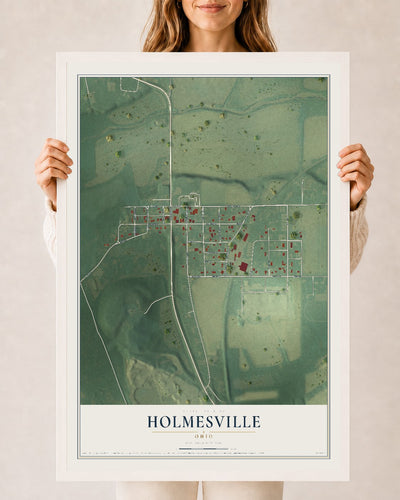 Map of Holmesville, Ohio, 24 x 36 inch print in a white wood frame