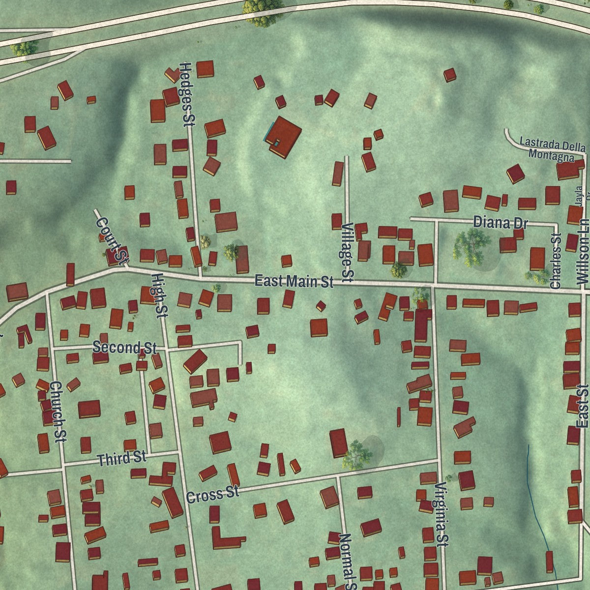 Close-up of the map of Hopedale, Ohio print showing street and building detail