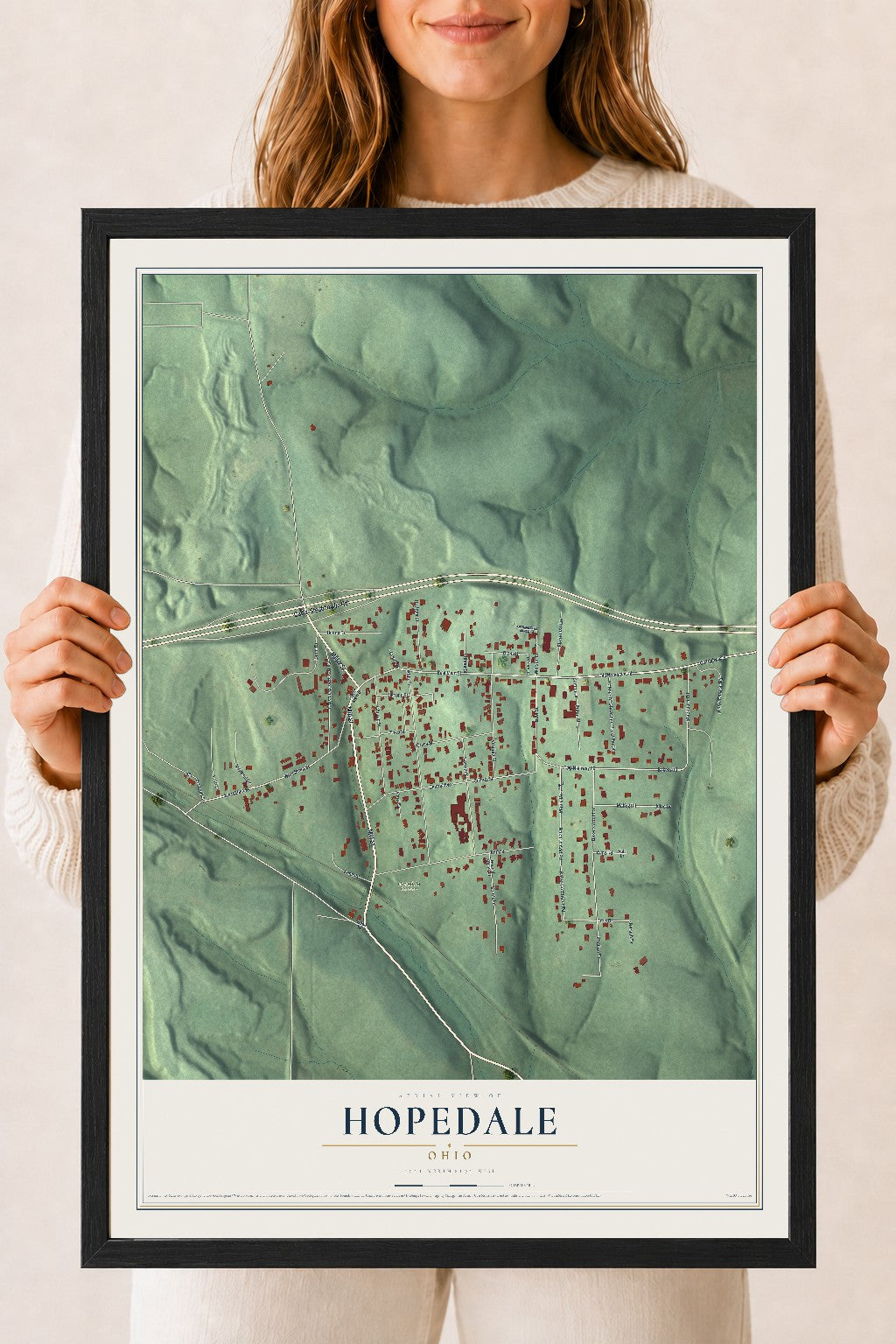 Map of Hopedale, Ohio, 18 x 24 inch print in a black wood frame