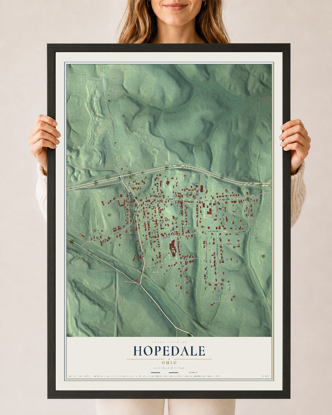Map of Hopedale, Ohio, 24 x 36 inch print in a black wood frame