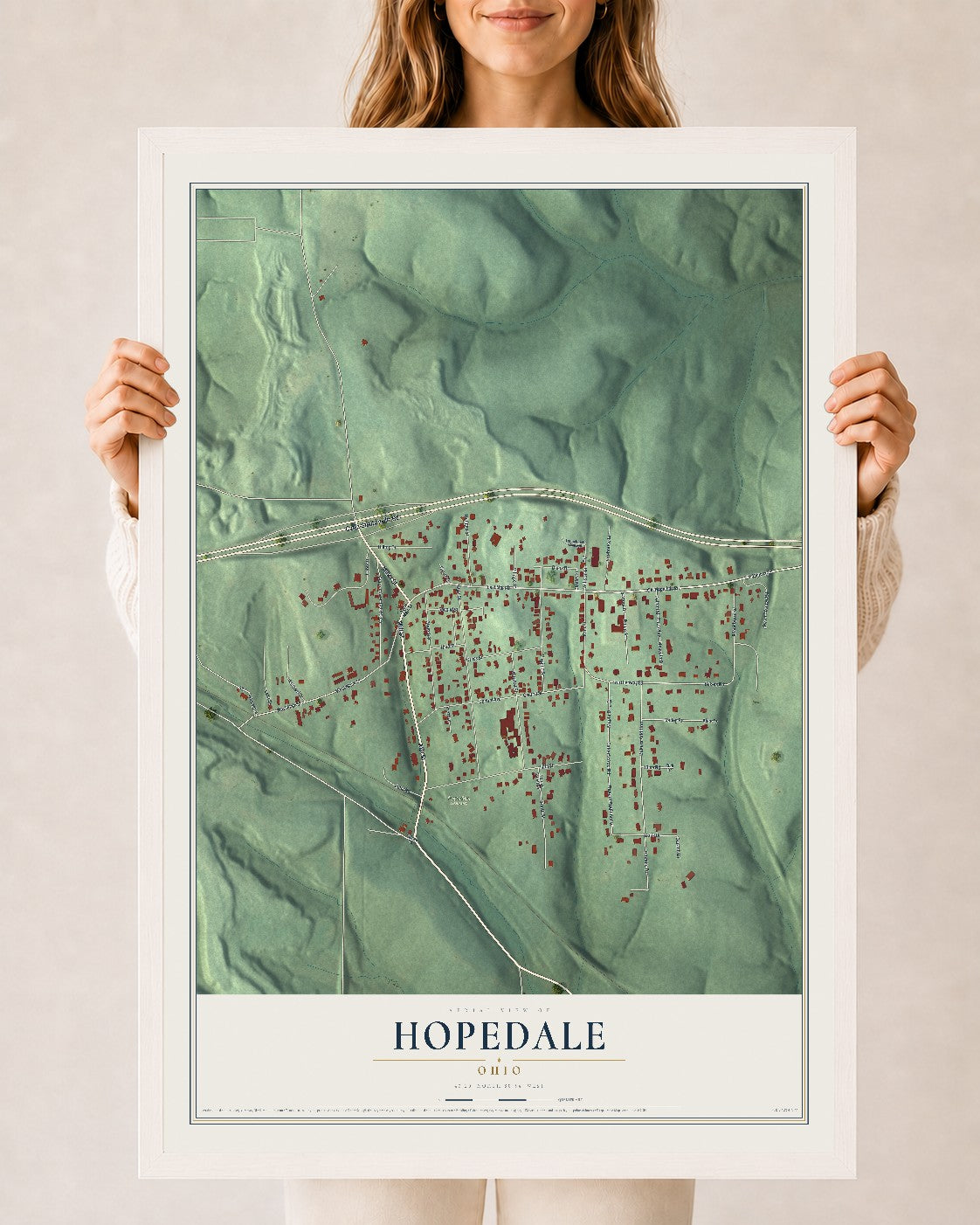 Map of Hopedale, Ohio, 24 x 36 inch print in a white wood frame