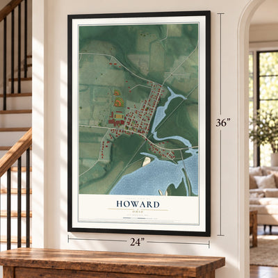 Howard, Ohio map, 24 x 36 inch print in a black frame by a staircase