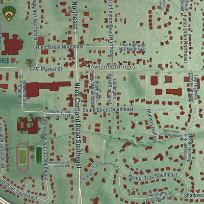 Close-up of the map of Howland Center, Ohio print showing street and building detail