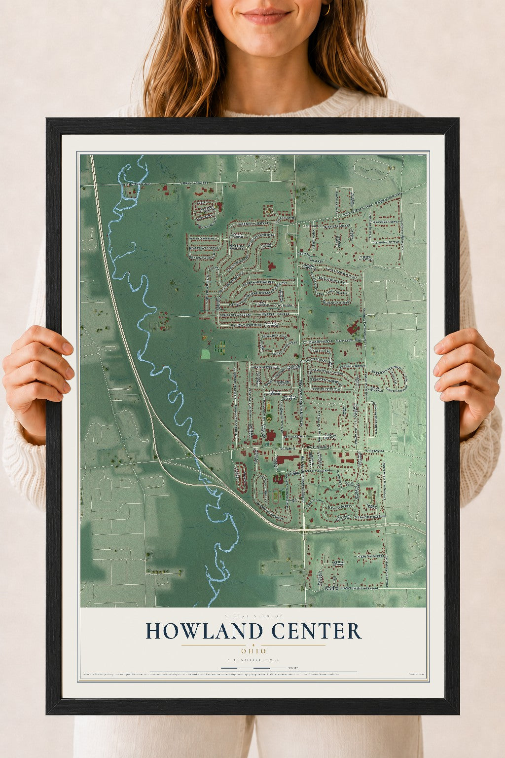 Map of Howland Center, Ohio, 18 x 24 inch print in a black wood frame