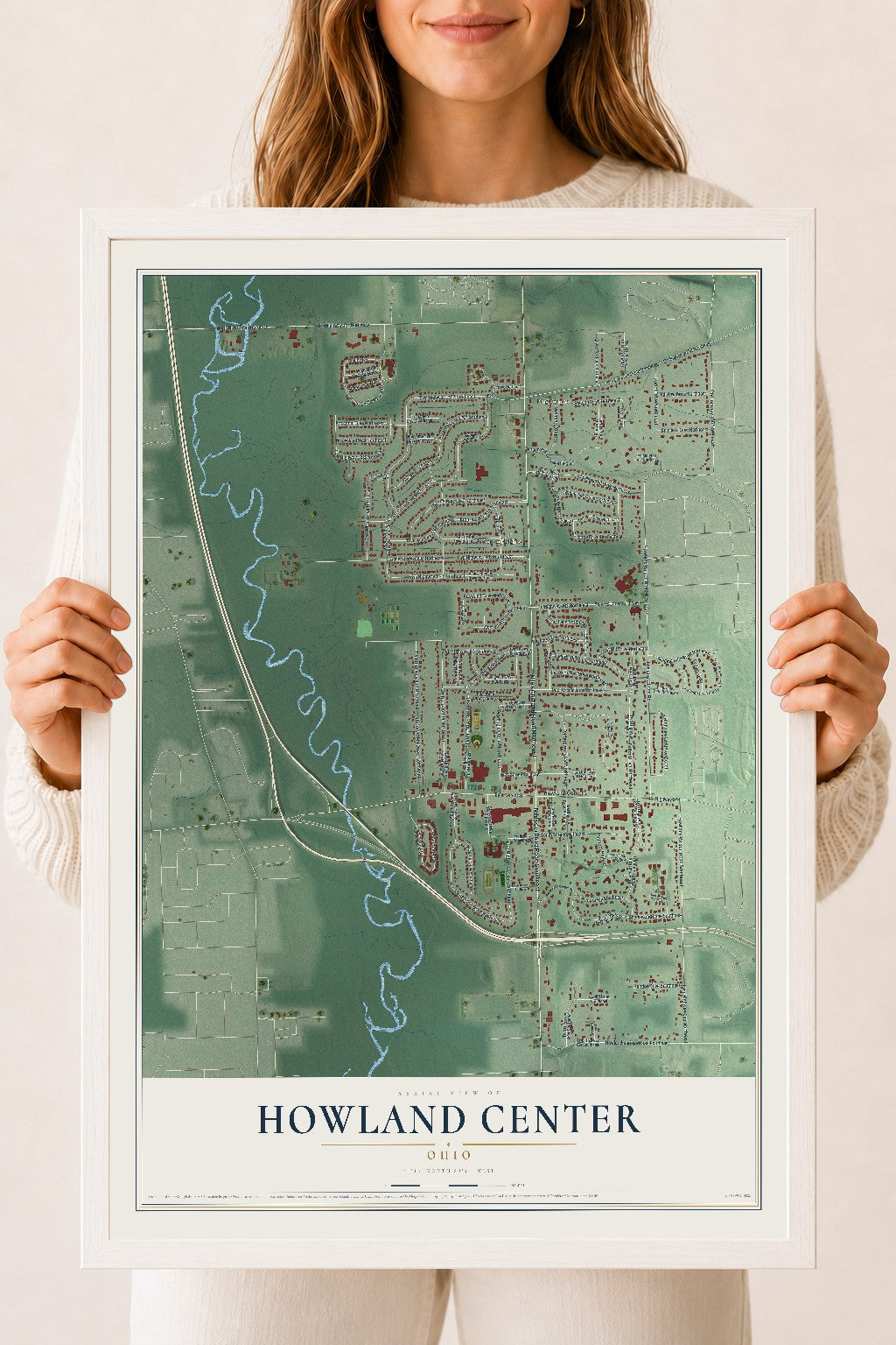 Map of Howland Center, Ohio, 18 x 24 inch print in a white wood frame