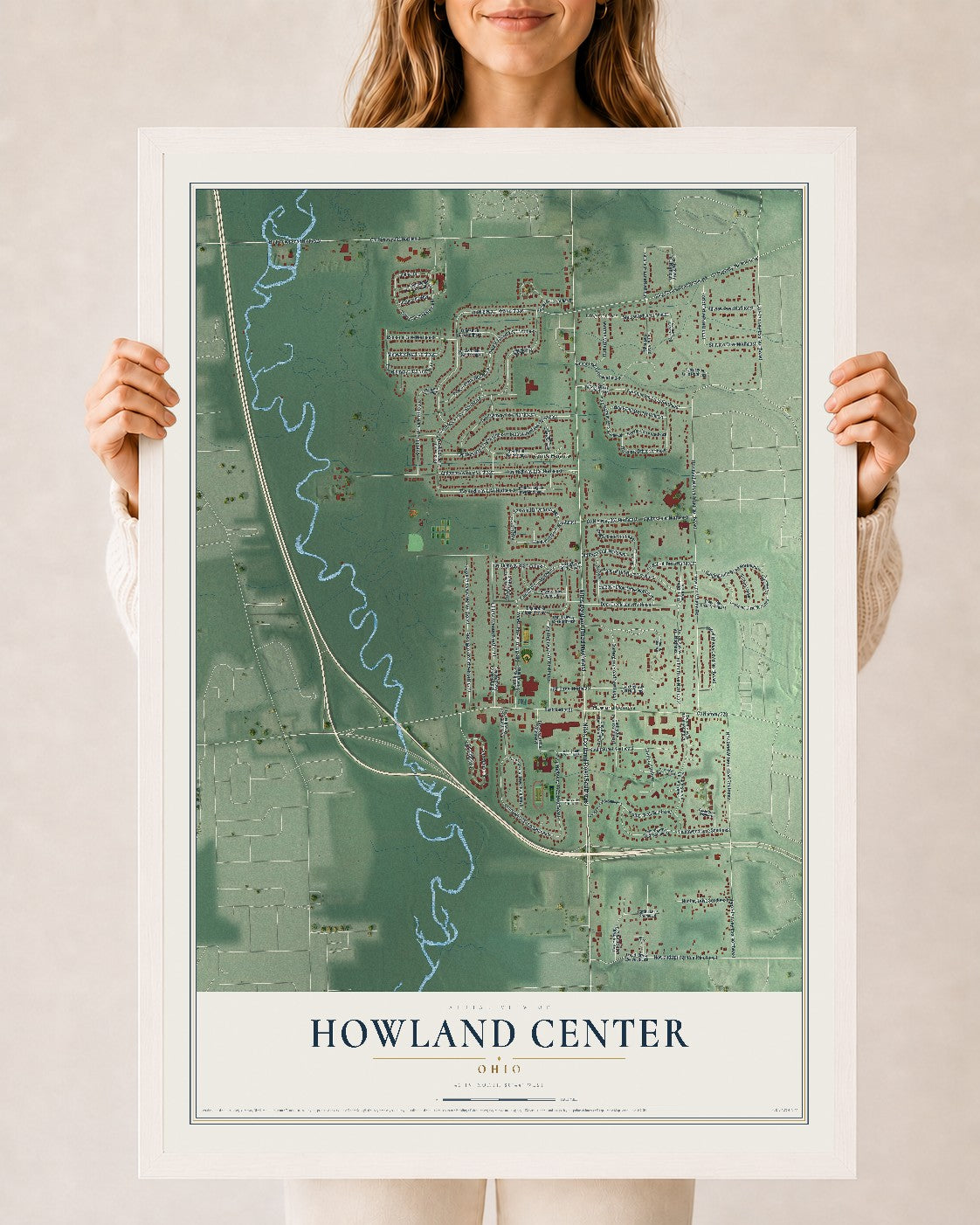 Map of Howland Center, Ohio, 24 x 36 inch print in a white wood frame