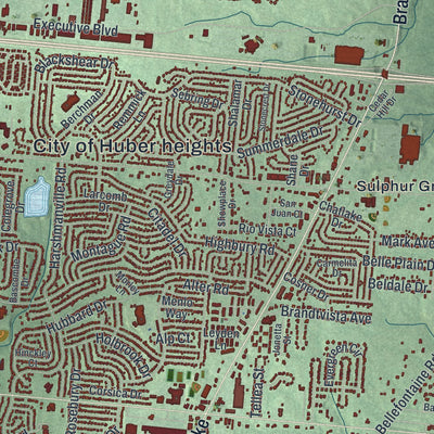 Close-up of the map of Huber Heights, Ohio print showing street and building detail