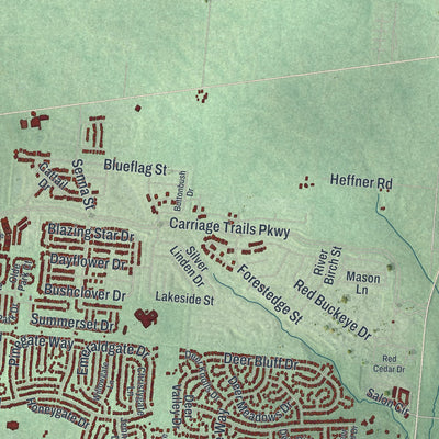 Second close-up of the map of Huber Heights, Ohio print showing more streets and buildings