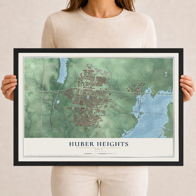 Map of Huber Heights, Ohio, 12 x 18 inch print in a black wood frame