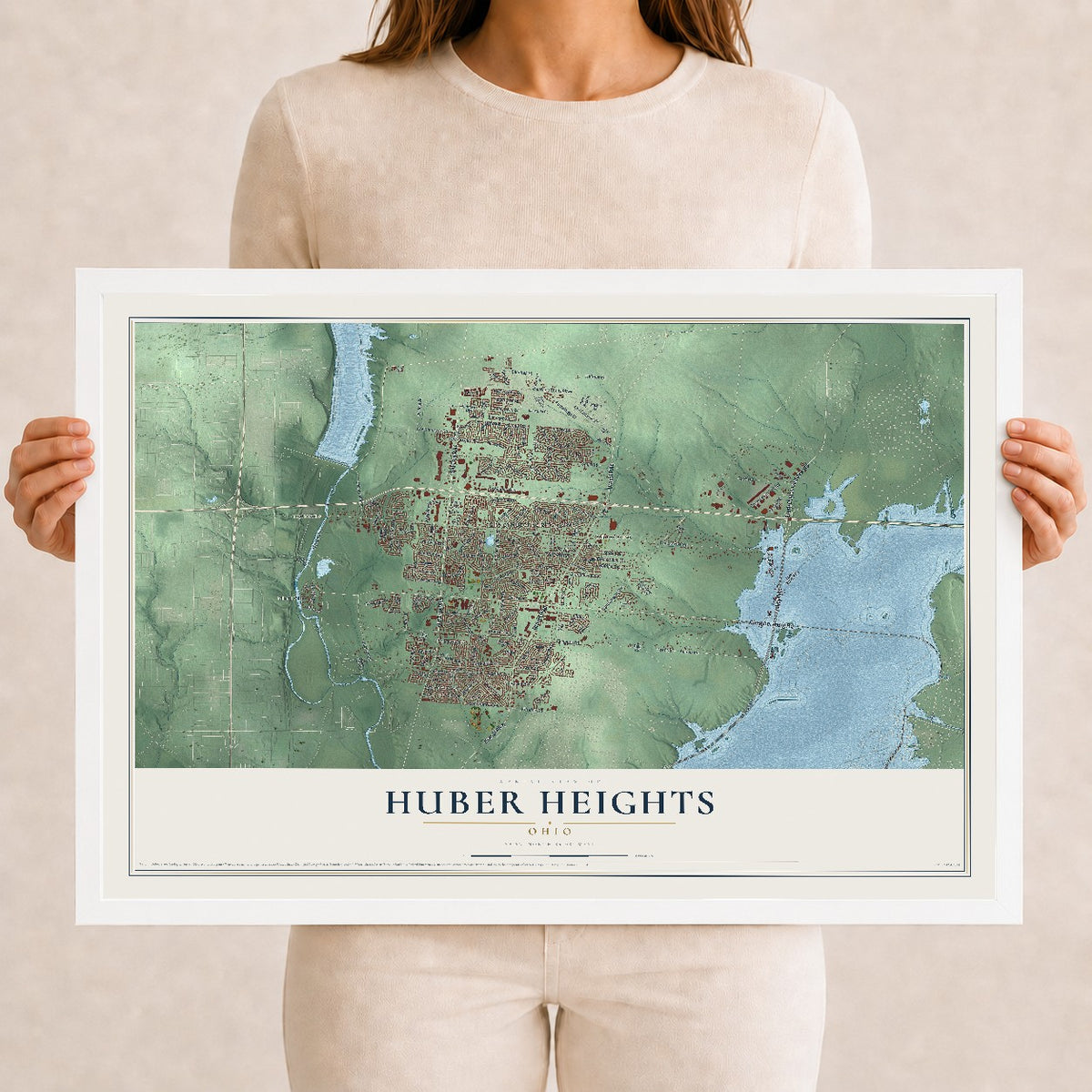 Map of Huber Heights, Ohio, 12 x 18 inch print in a white wood frame