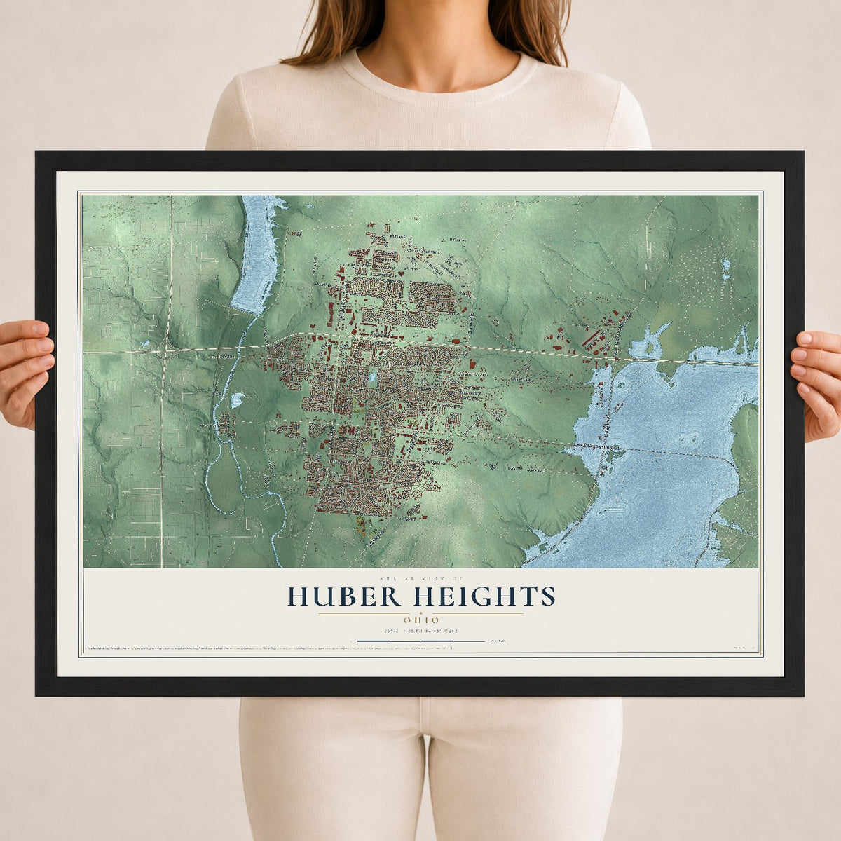 Map of Huber Heights, Ohio, 18 x 24 inch print in a black wood frame