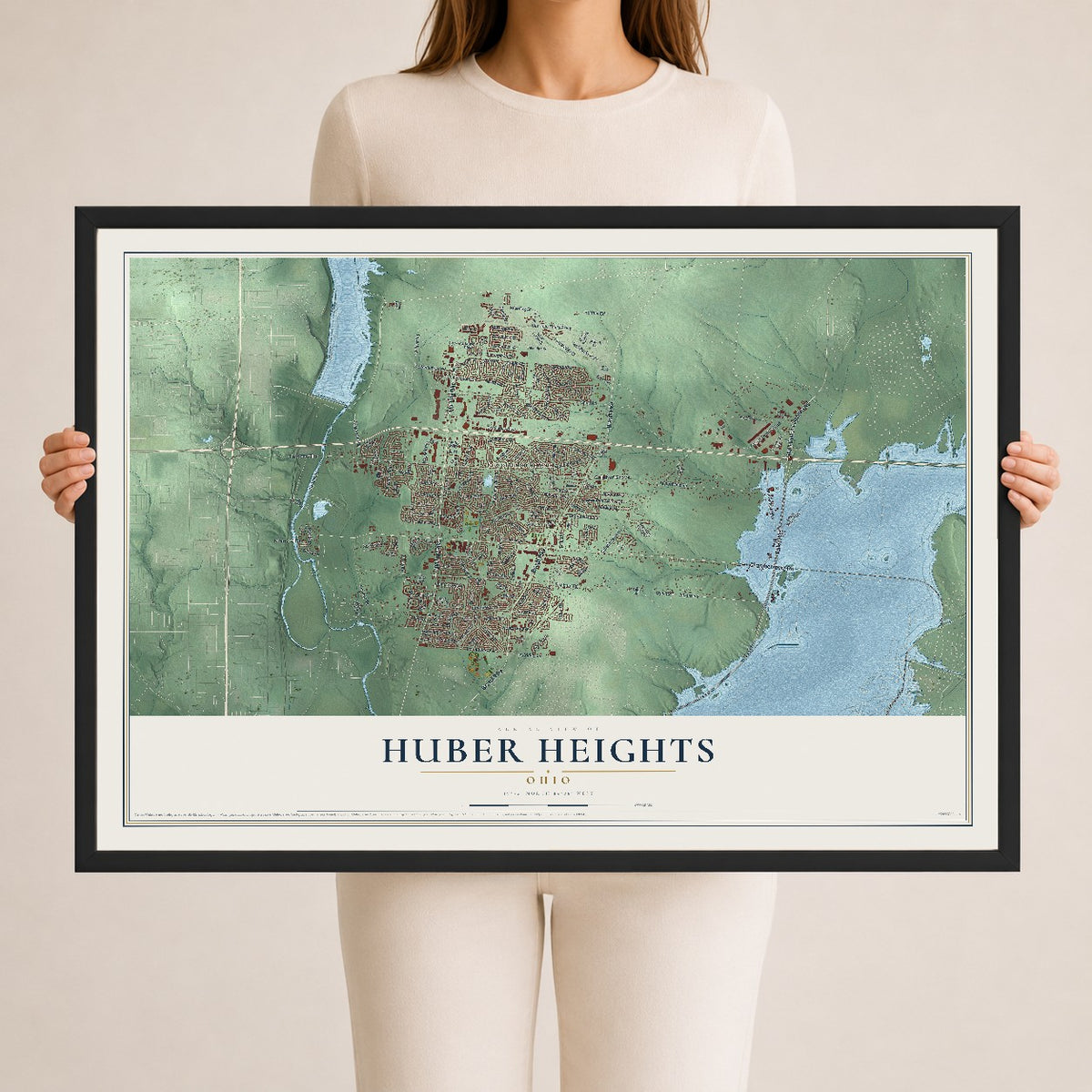Map of Huber Heights, Ohio, 24 x 36 inch print in a black wood frame
