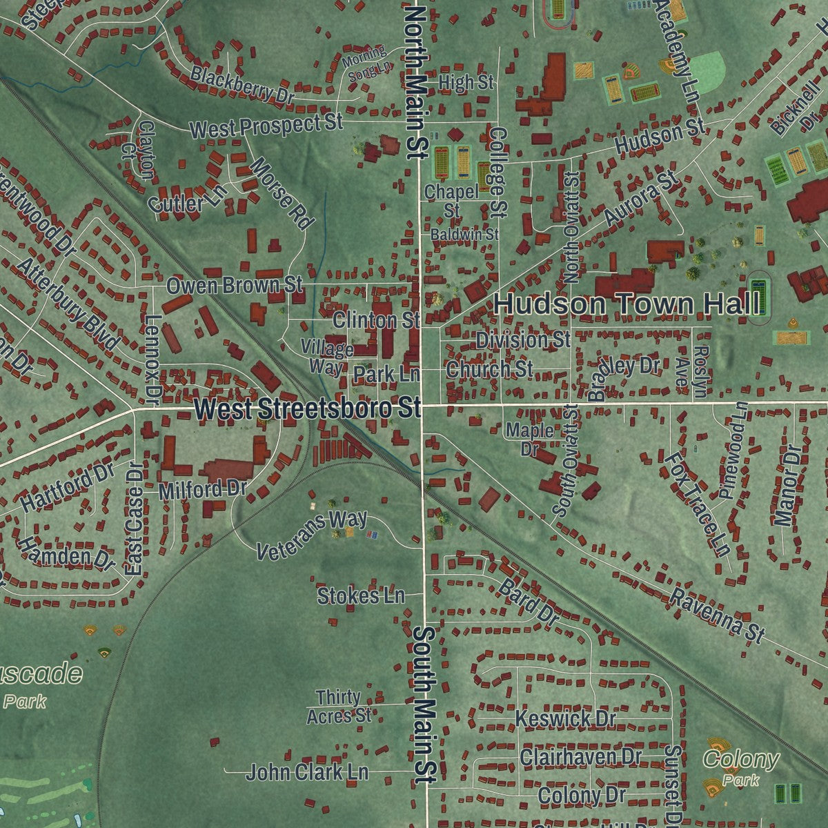 Close-up of the map of Hudson, Ohio print showing street and building detail