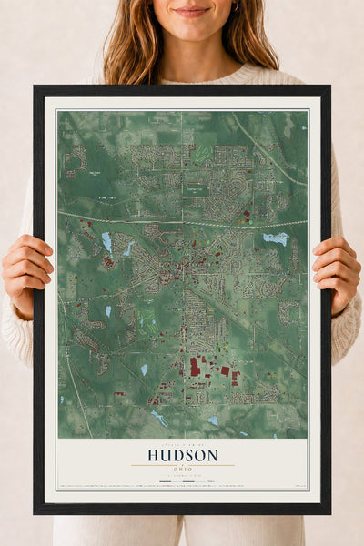 Map of Hudson, Ohio, 18 x 24 inch print in a black wood frame