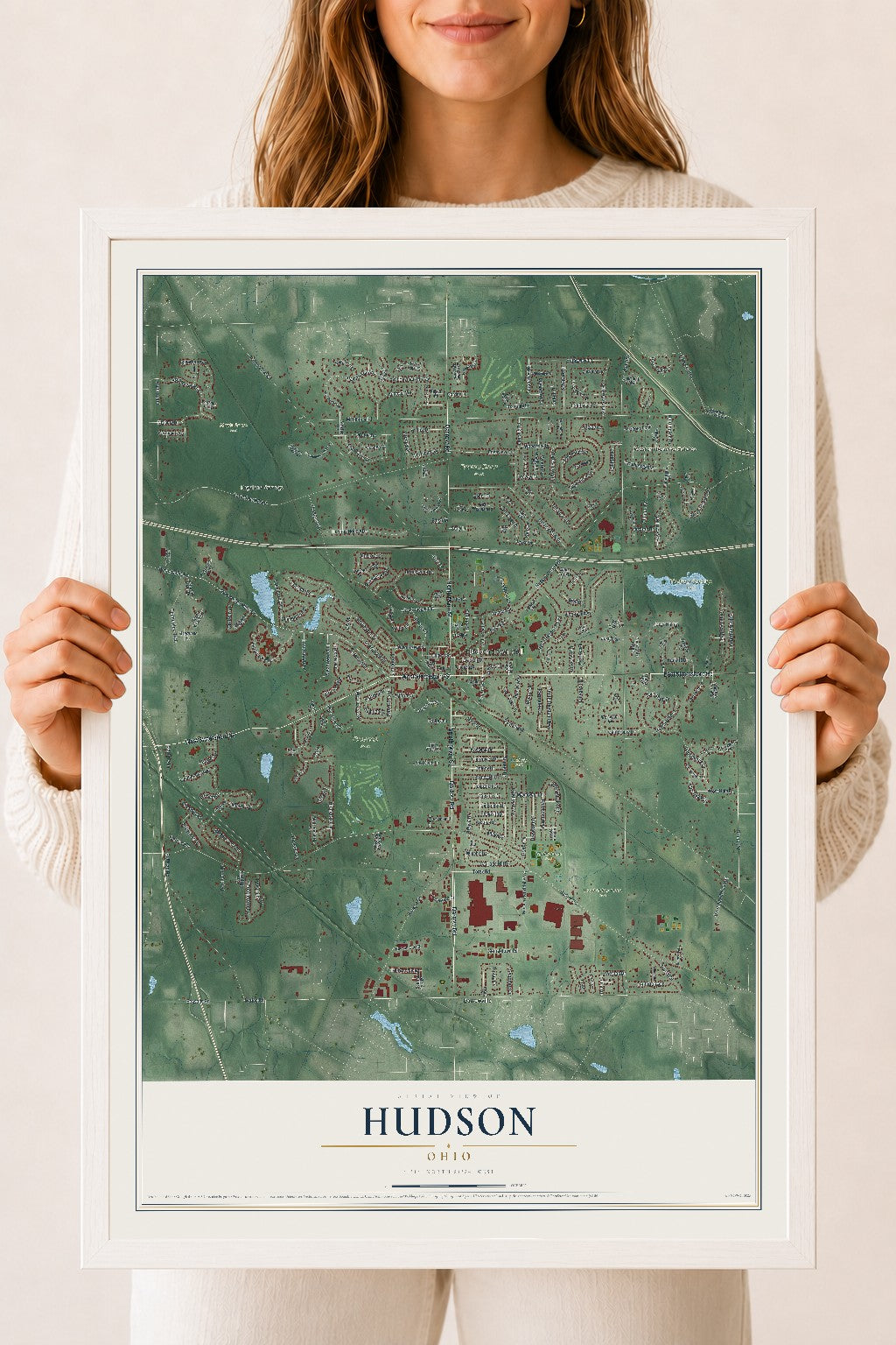 Map of Hudson, Ohio, 18 x 24 inch print in a white wood frame