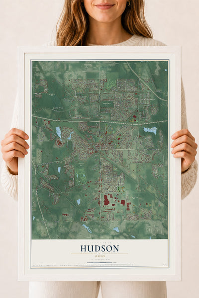 Map of Hudson, Ohio, 18 x 24 inch print in a white wood frame