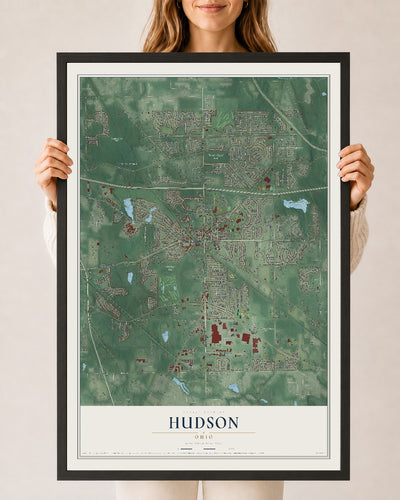 Map of Hudson, Ohio, 24 x 36 inch print in a black wood frame