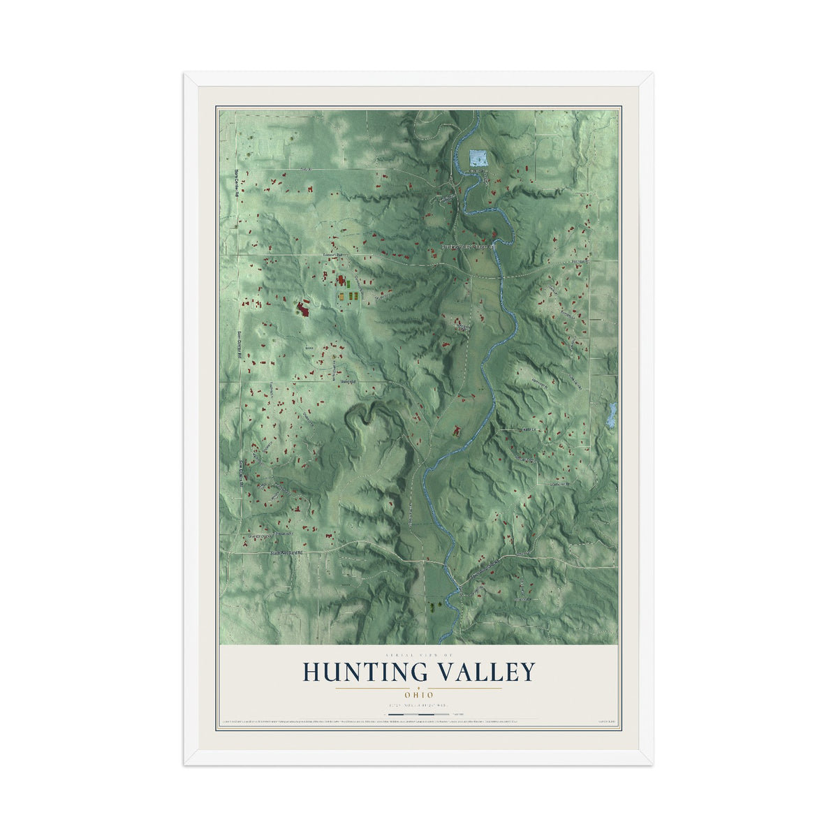 Map of Hunting Valley, Ohio, 12 x 18 inch print in a white wood frame