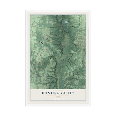 Map of Hunting Valley, Ohio, 12 x 18 inch print in a white wood frame
